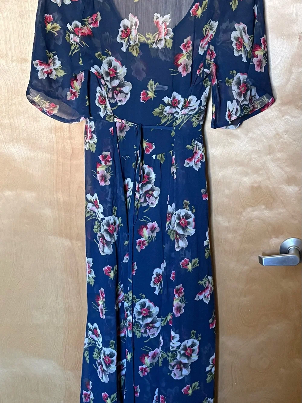 Abercrombie & Fitch Navy Floral Maxi Dress V- Neck, Flutter Sleeves, Waist Tie